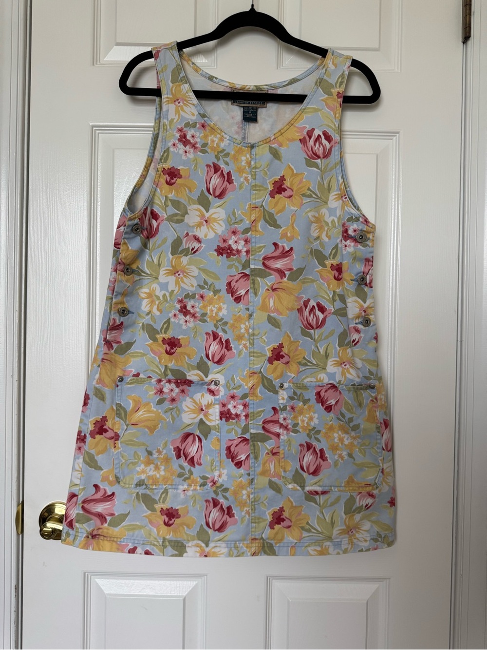 1990s Vintage Floral Pinafore A-line Denim Dress